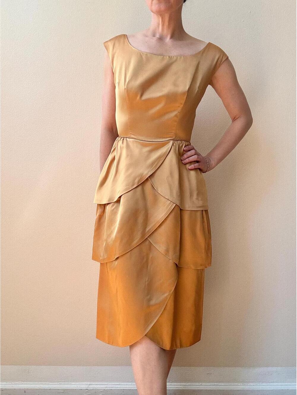 Vintage 1950s Gold Satin Cocktail Party Dress